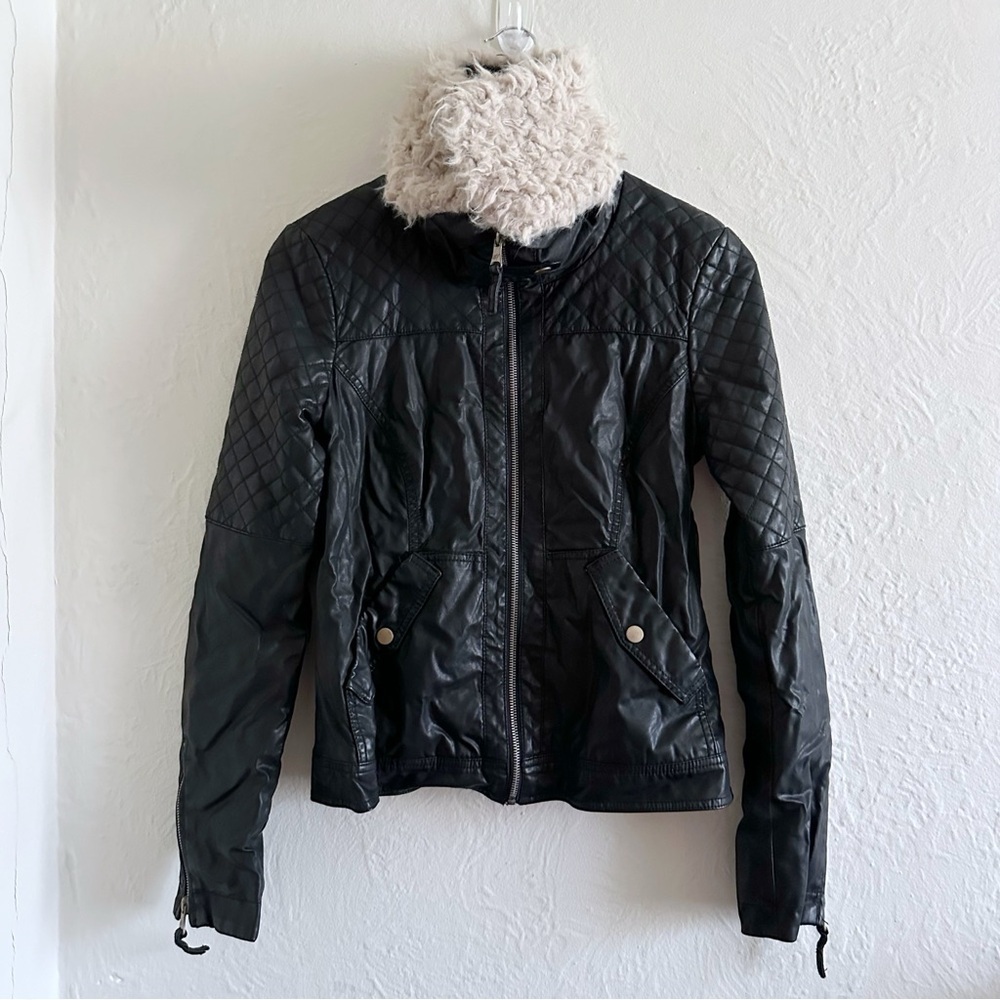 Zara Trafaluc Black Faux Leather Shearling Moto Jacket Size L